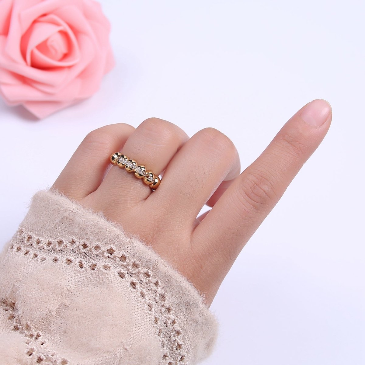 Beaded Textured 24K Gold Filled Ring, Micro Pave CZ Open Adjustable Ring in Silver & Gold | U-444 U-445