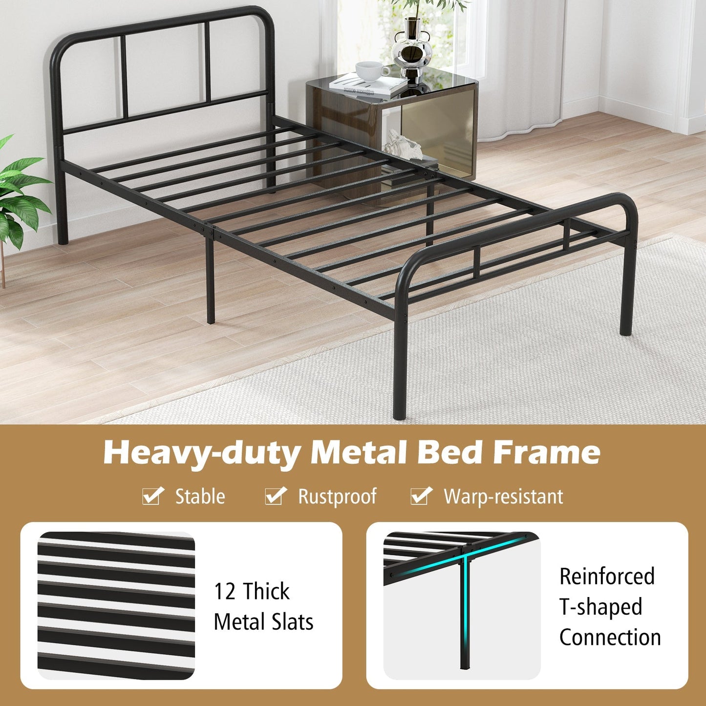 Modern Metal Platform Bed with Headboard and Footboard-Black