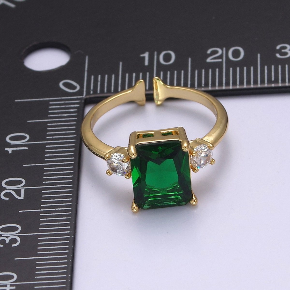 Big Square Emerald Green CZ Ring Gold Band open Adjustable Ring S-502