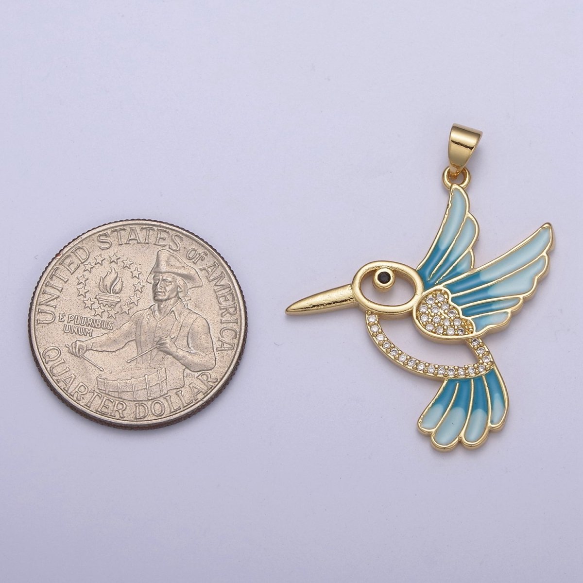 Blue Enamel Gold Hummingbird Charm 14k Gold Filled Humming Bird Pendant 38mmx31mm gold Cz Animal jewelry H-101