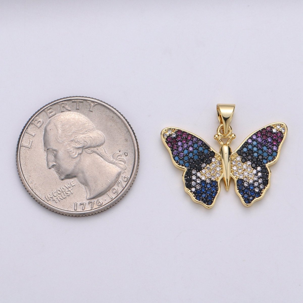 Blue Gradation Butterfly Micro Pave 24K Gold Filled Pendant, Cubic Zirconia Butterfly Pendant Charm Connector, For DIY Jewelry J-128