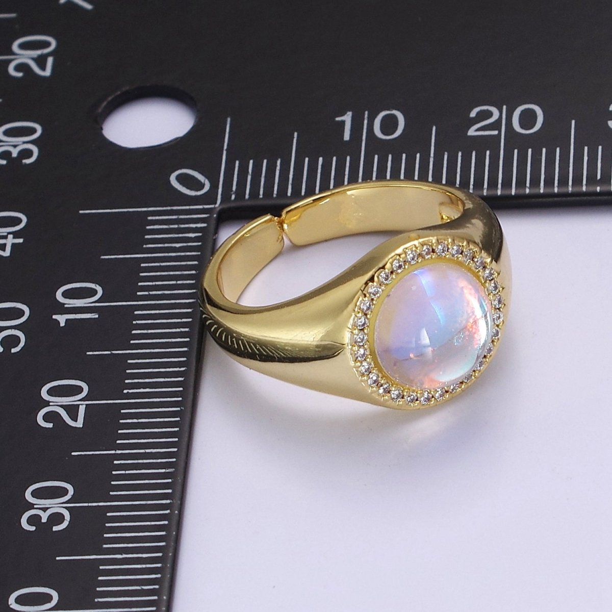 Bold Rainbow Moonstone Ring, Statement Signet Gold Ring Stackable Open Adjustable Ring O-2109