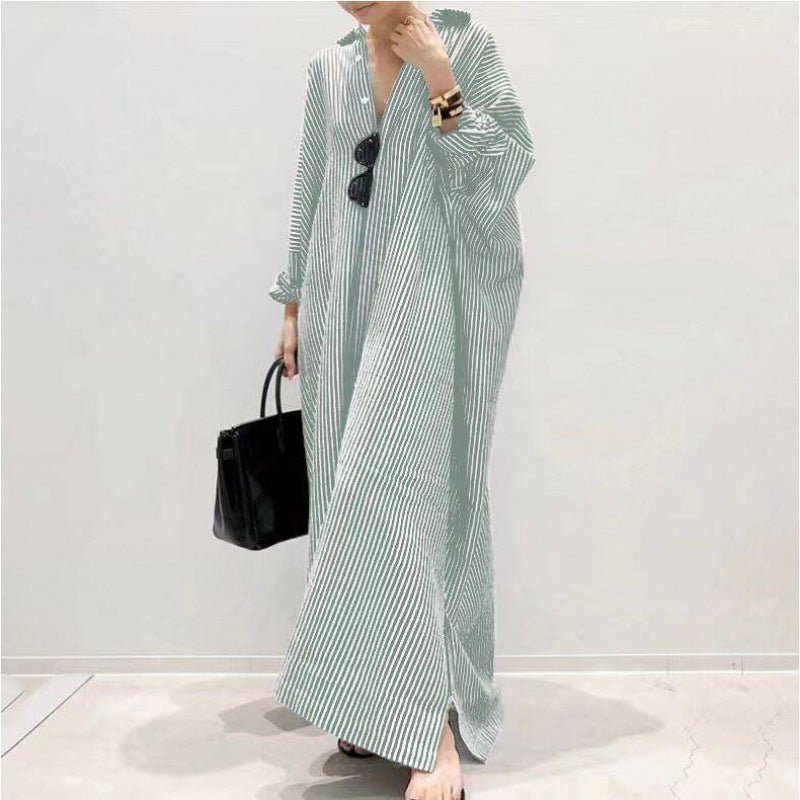 Breathable Stripe Print Loose Fit V-Neck Batwing Sleeve Abaya Dress Maxi Dress with Side Pockets (MA232)