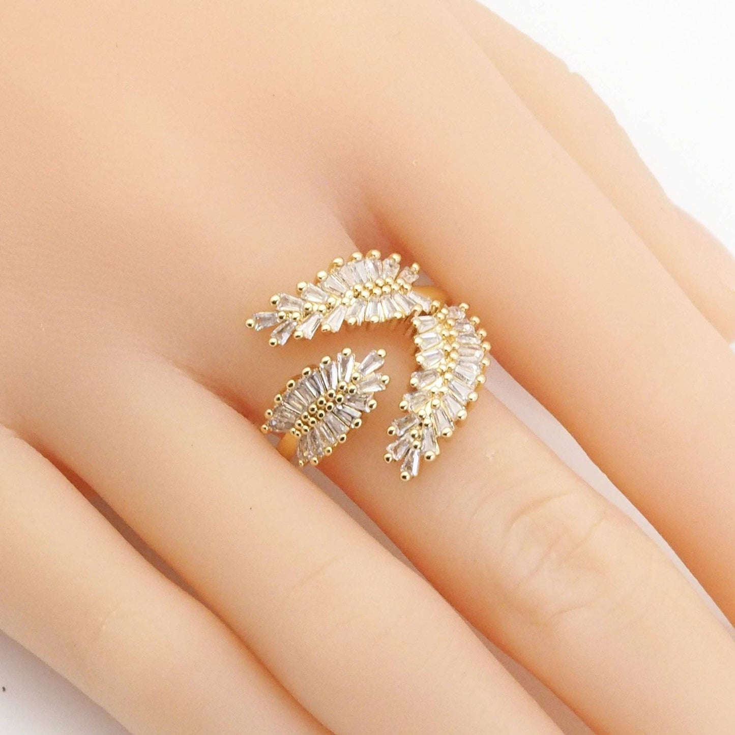 Gold Baguette CZ Feather Leaf Ajustable Ring, Sku#LX255