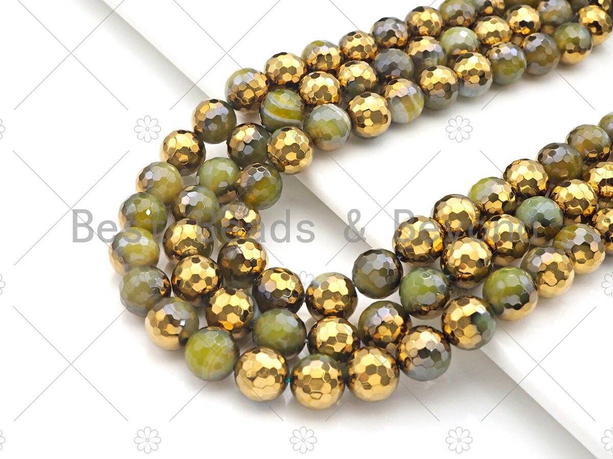 Half Gold Plated Light Olive Green Agate Beads, 8mm/10mm/12mm Round Faceted Agate Beads, 15.5 Full Strand, sku# UA137