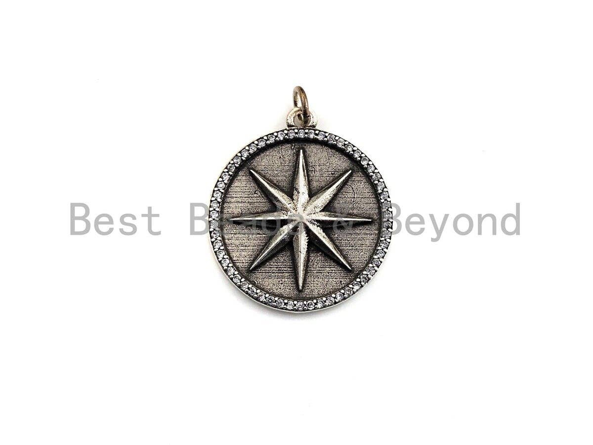 CZ Micro Pave Star on Round Disc Pendant, Antique Silver Tone, Cubic Zirconia Pave Coin Charm Pendant, 25x30mm,sku#F1020C