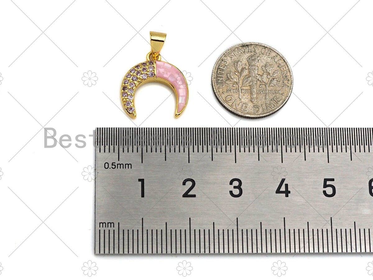 Pink Pendant/Charm, Pink Mother-of-pearl Horn Pendant, Cubic Zirconia Pendant, Gold Tone, 15x16mm, Sku#LK70