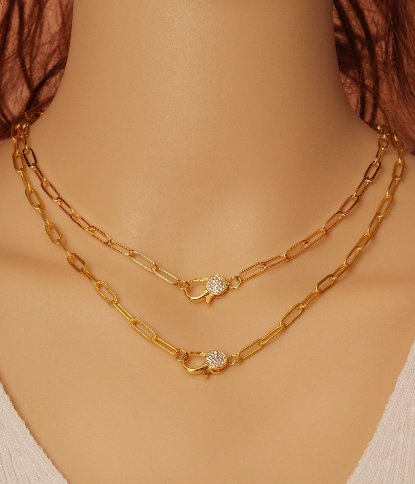 Matte/Shinny Gold Paperclip Necklace with CZ Clasp, #EF256