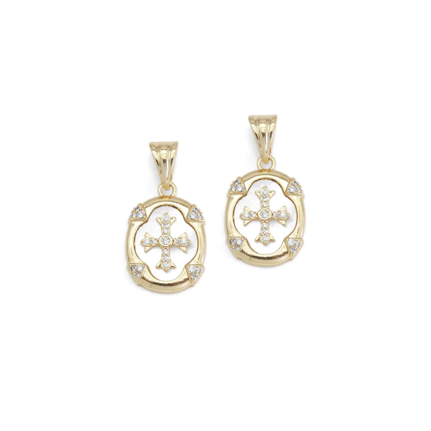 Gold / Silver CZ Cross Mother of Pearl Oval Charm, Sku#ZX164