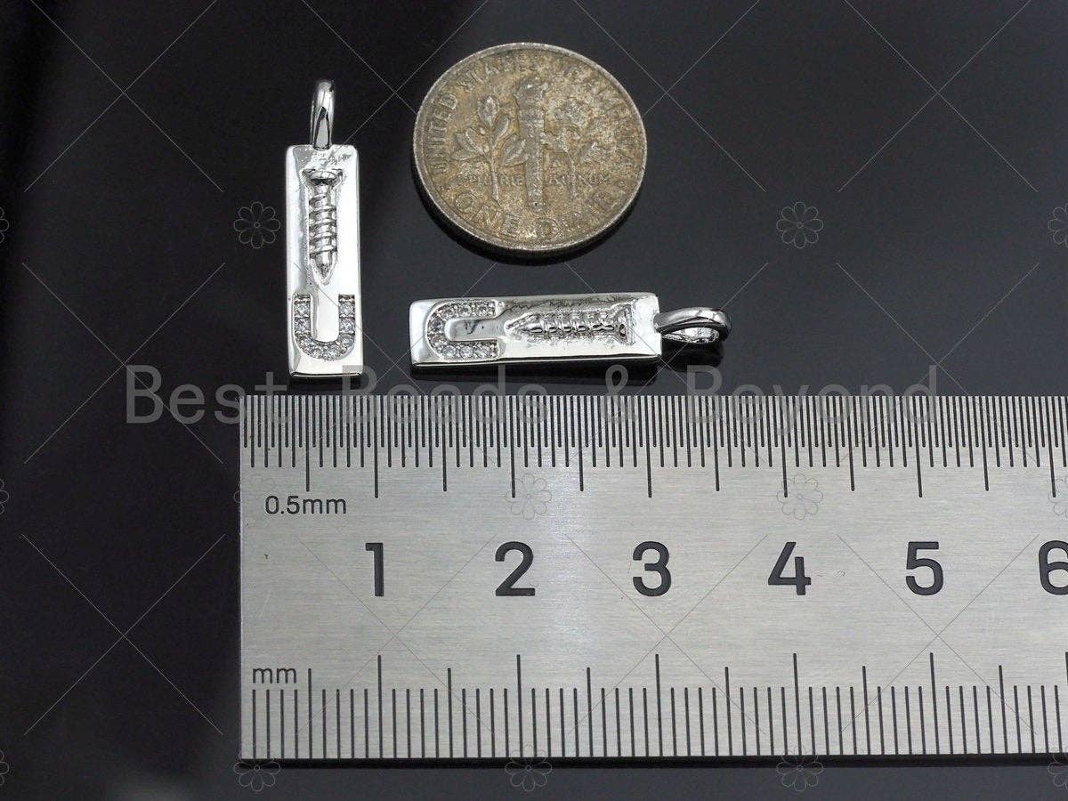 CZ Micro Pave Screw you Rectangle Pendant/Charm, Rectangle Cubic Zirconia Pendant, Silver/Gold Tone,6x24mm,Sku#L319