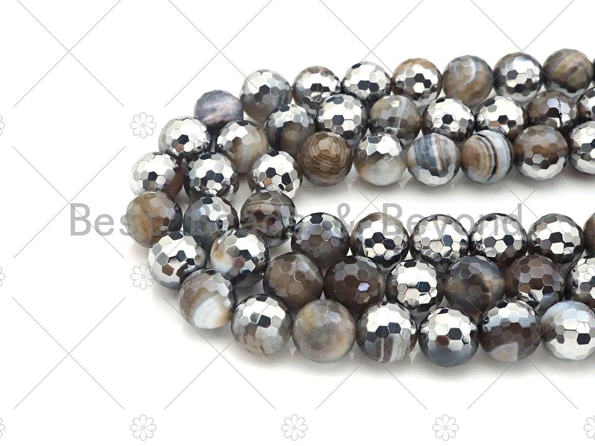Natural Half Silver Gray Agate Beads, 8mm/10mm/12mm Round Faceted Gray Agate Beads, 15.5 Full Strand, sku# UA122