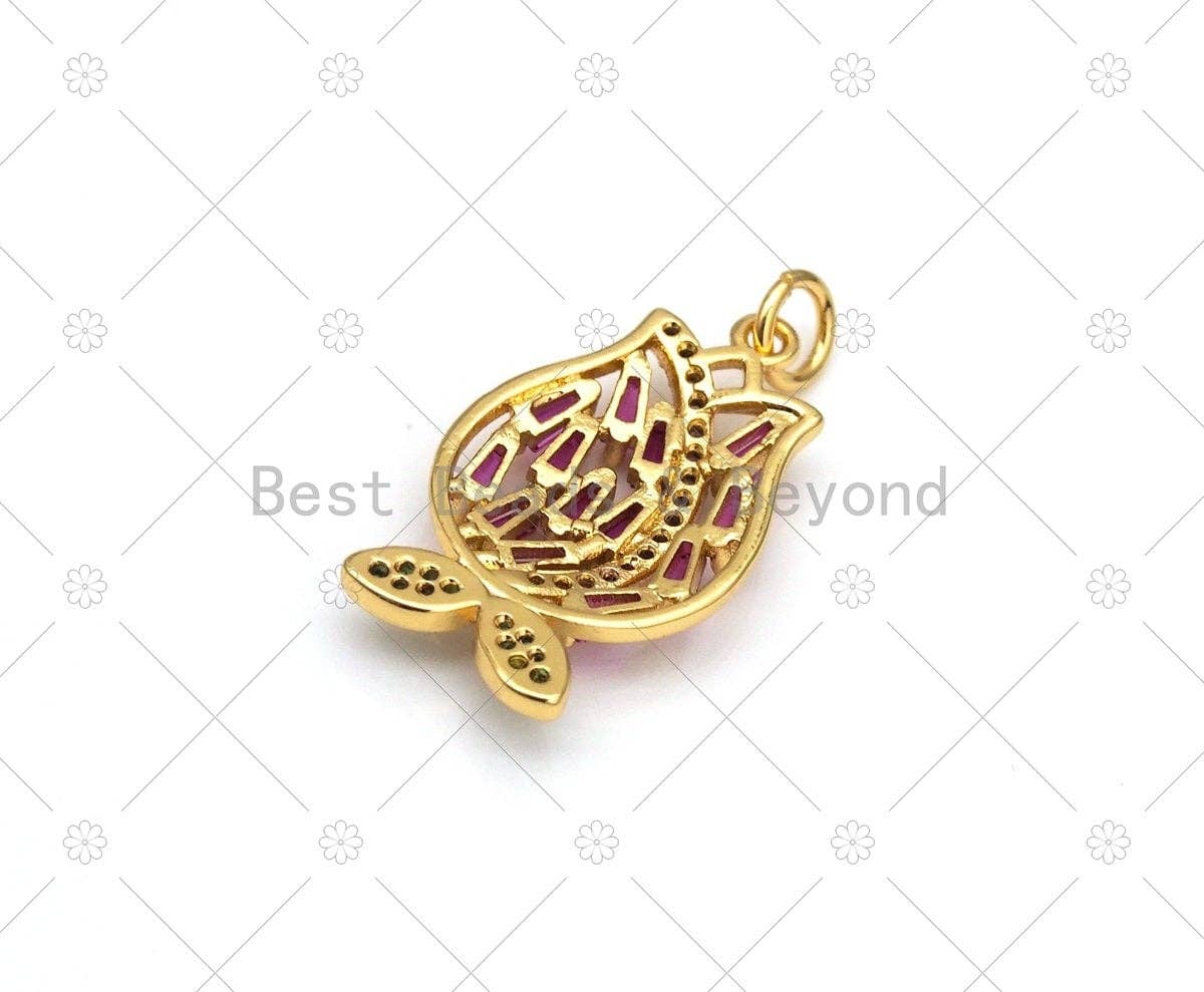 Fuchsia CZ Micro Pave Tulip Flower with Green CZ Leaf Shape Pendant,18K Gold Filled Charm, Necklace Bracele Pendant, 23x14mm, Sku#LK468