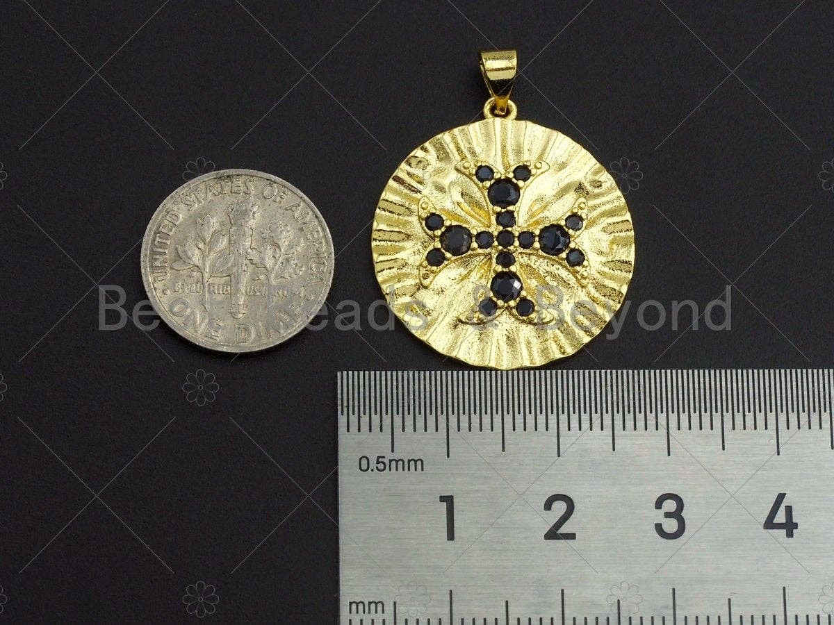 18K Gold Black CZ Cross On Round Coin Shape Pendant, Gold Coin Charm, Cross Pave Pendant, Men's Jewerly Findings, 25mm, Sku#LK61