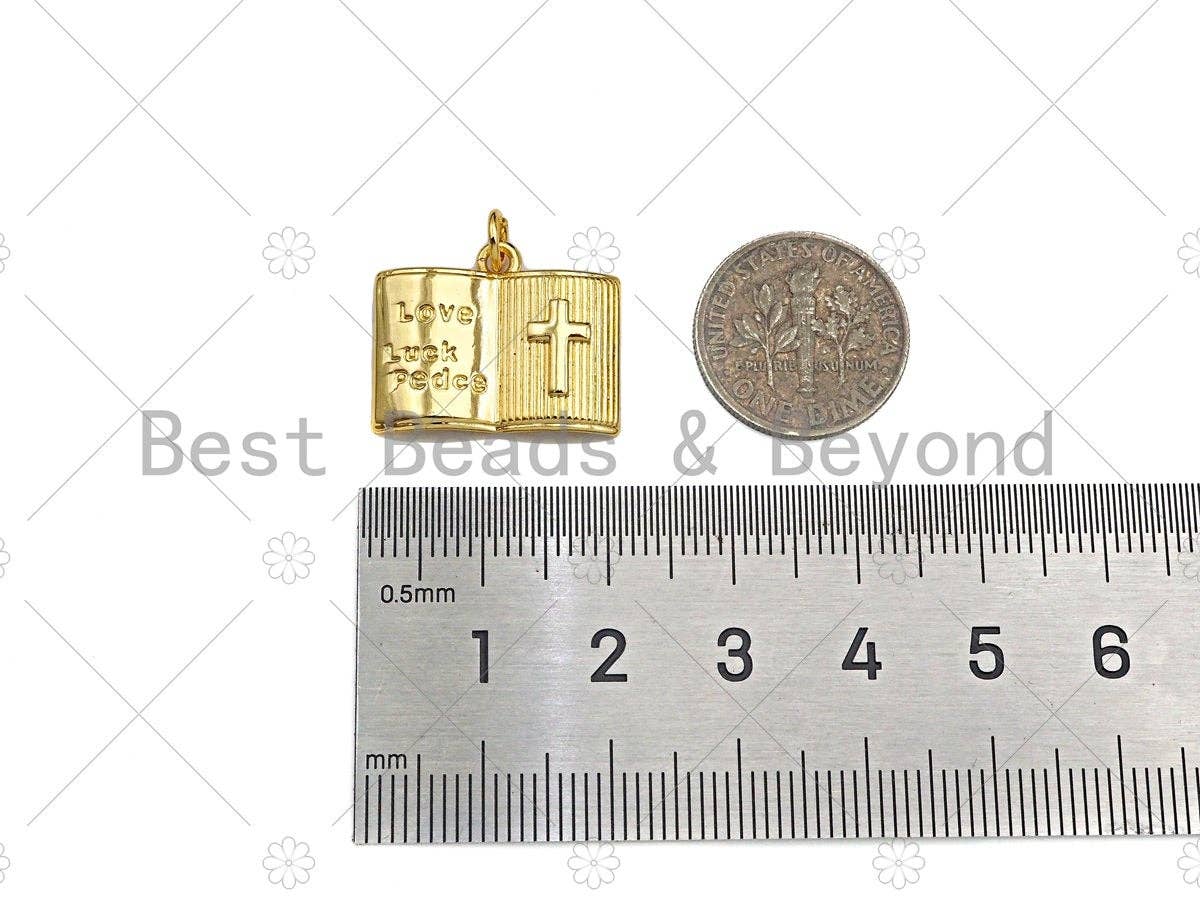 18K Dainty Gold Love Luck Cross On Book Shape Pendant/Charm,Book Medallion Charm, Necklace Bracelet Charm Pendant,20x16mm, Sku#LK255