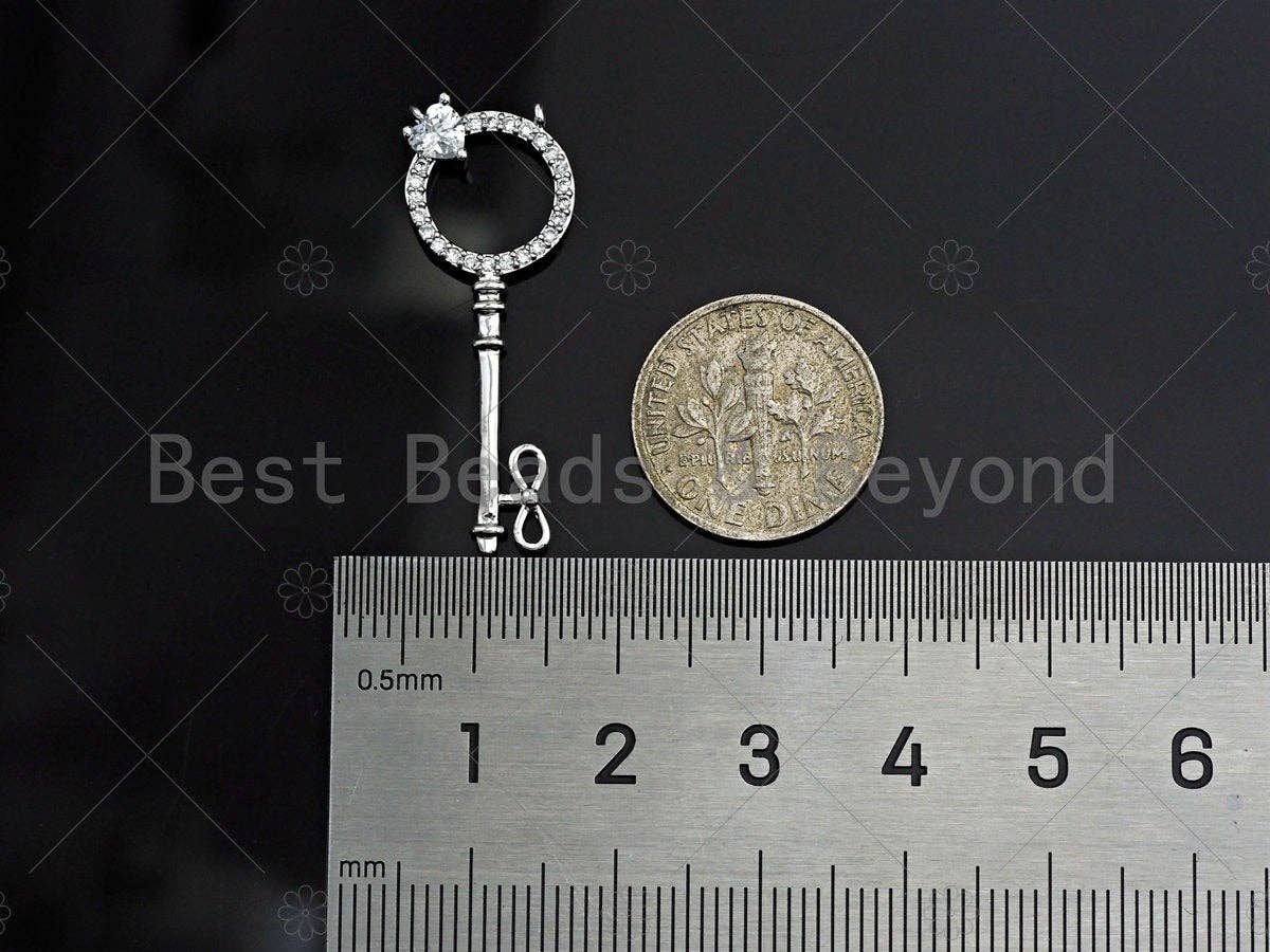 CZ Micro Pave Key With Round Ring Shape Pendant , Gold/Silver/Black/Rose Gold Plated Key, Necklace Bracelet Pendant, 12x33mm,sku#L285