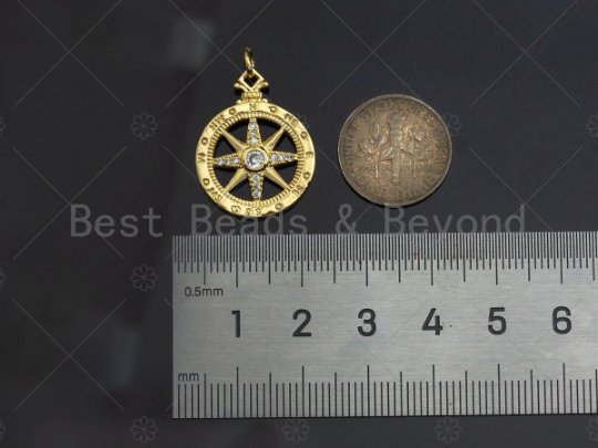 CZ Micro Pave Compass Star On Round Coin Pendant/Charm, Compass Star Cubic Zirconia Charm,Necklace Bracelet Charm Pendant,18x27mm,sku#L434