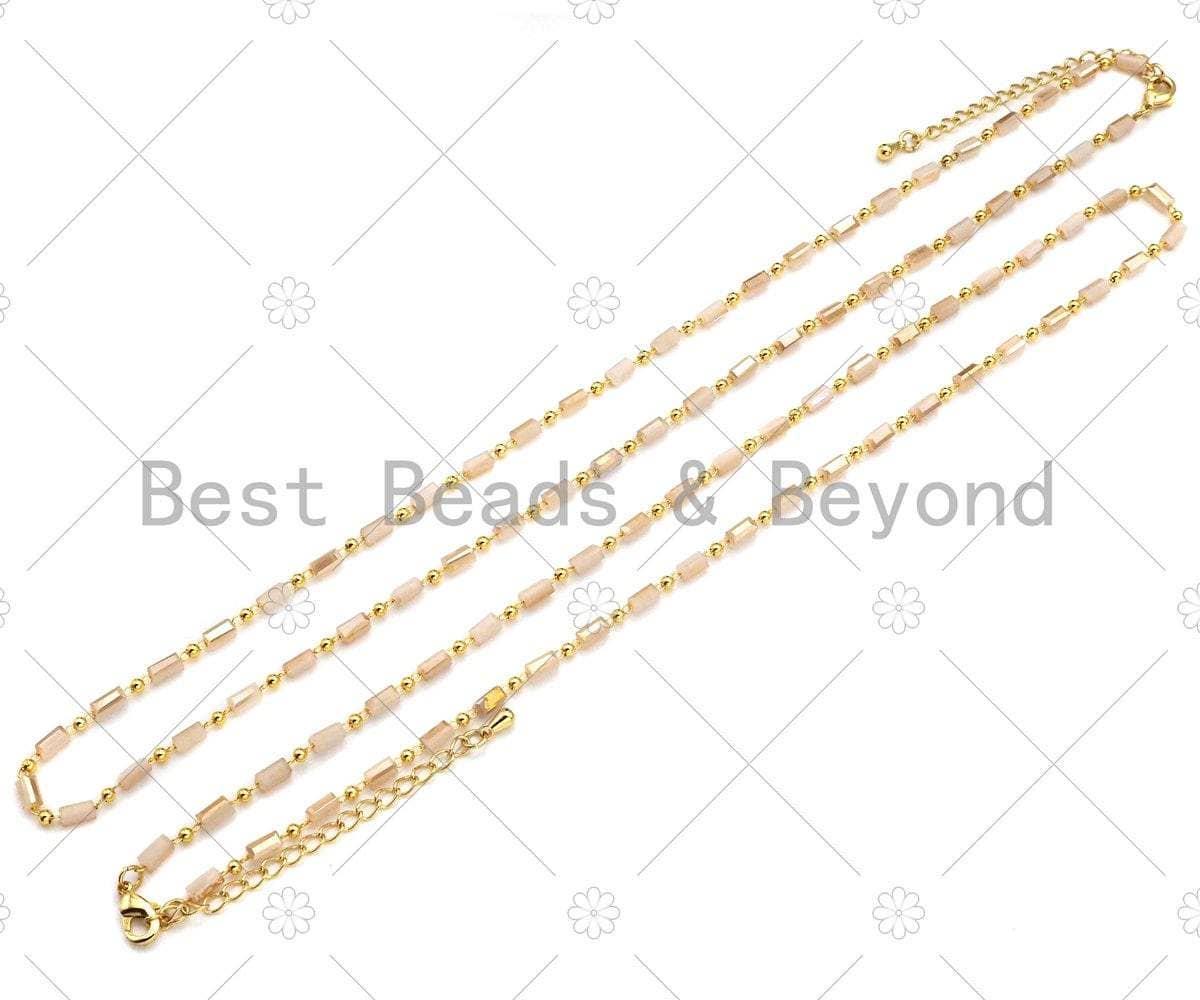 18" Beige Milky Cylinder Beads Gold Chain Necklace,EF02