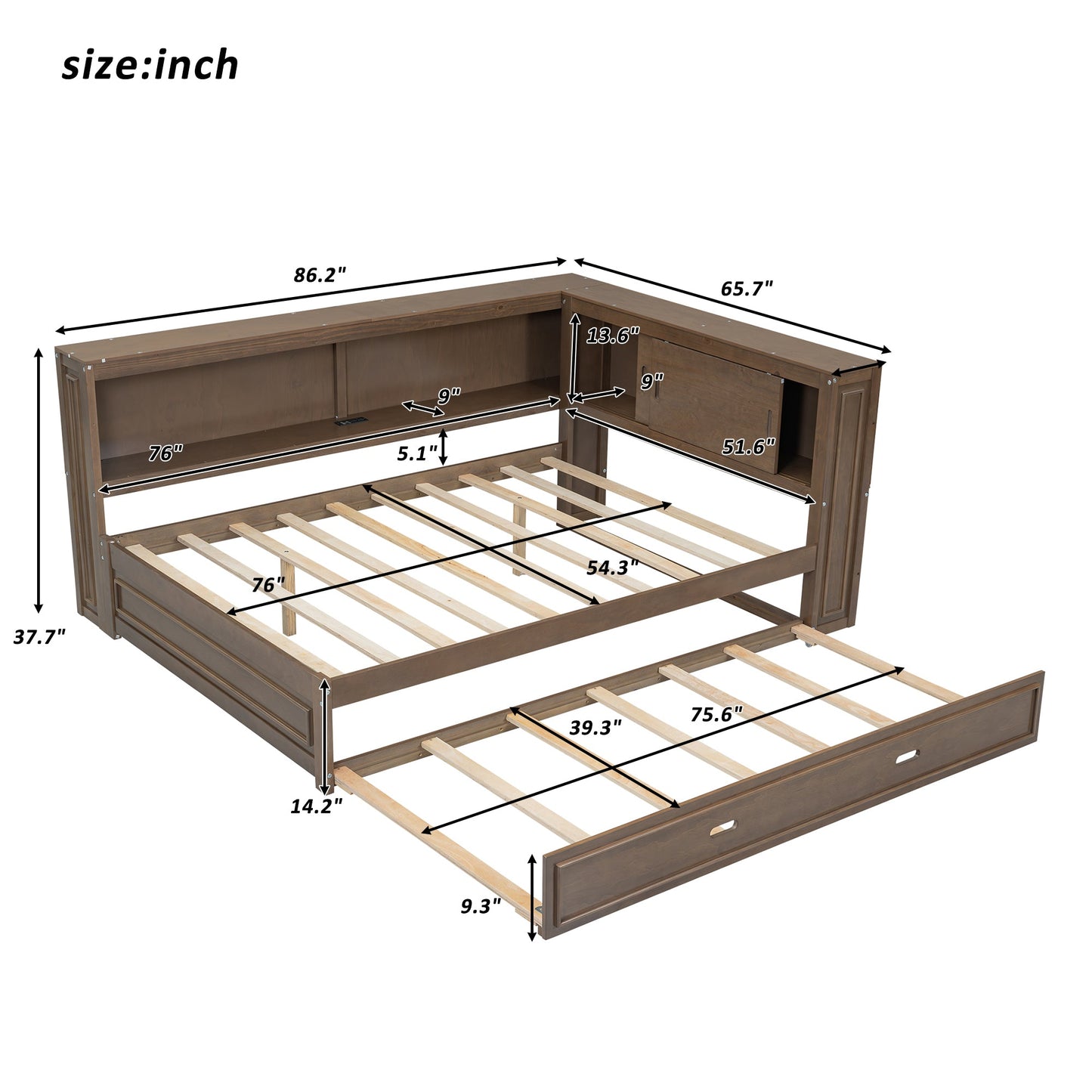 Full Size Wood Daybed with Storage Shelves, USB, LED, and Trundle