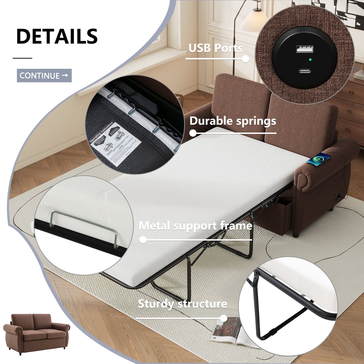 57.9" Orisfur Pull Out Sofa Bed Loveseat