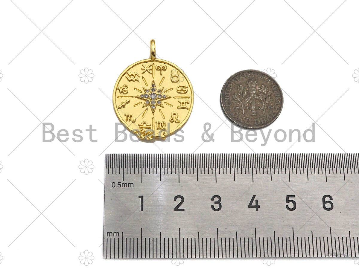 CZ Micro Pave North Star On Round Coin Shape Pendant, 18K Dainty Gold Medallion Charm,Necklace Bracelet Charm Pendant,23x30mm,Sku#Z1304
