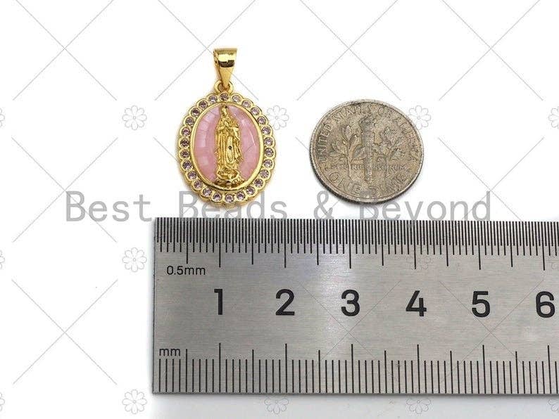 Mary Pink Mother-of-pearl Inlay Oval Pendant, Cubic Zirconia Pendant, Gold Pink Tone, Reglious charm, 15x22mm, Sku#LK71