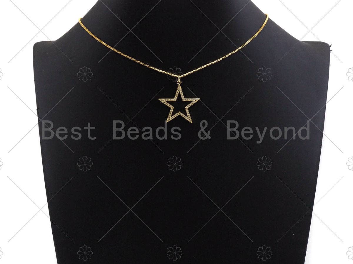 Gold Five Point Star Shape Pendant, Frame Star Charm, Pave Star Pendant, Gold plated, 27mm, Sku#LK81