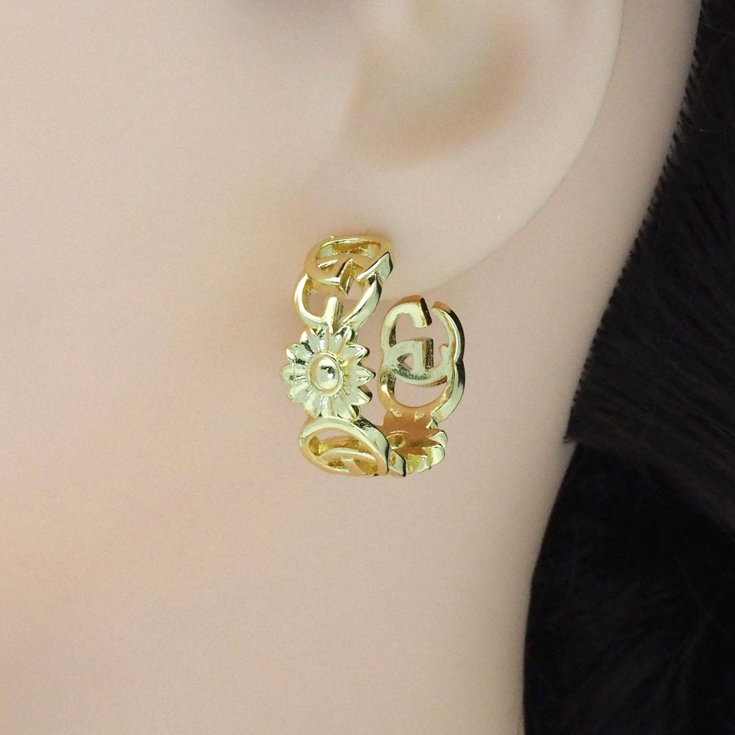 CZ Gold Daisy Flower Hoop Earrings, Sku#LK843