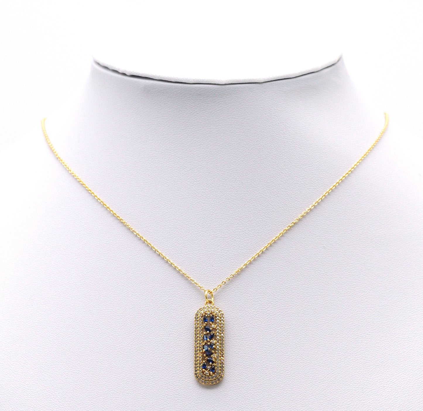 Gold Cobalt CZ Long Oval Bar Charm, Sku#LK699