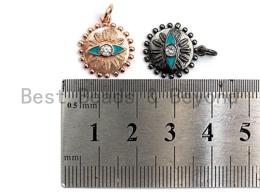 CZ Micro Pave 14x17mm Enamel Evil Eye on Round Disc Pendant, Round Pendant Rose Gold/Black/Gold/Silver, sku#Z399