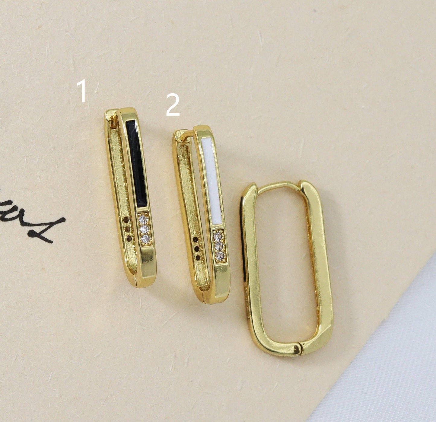 Pave Enamel Black White Rectangle Huggie Earring, Minimal earrings,sku#Y746