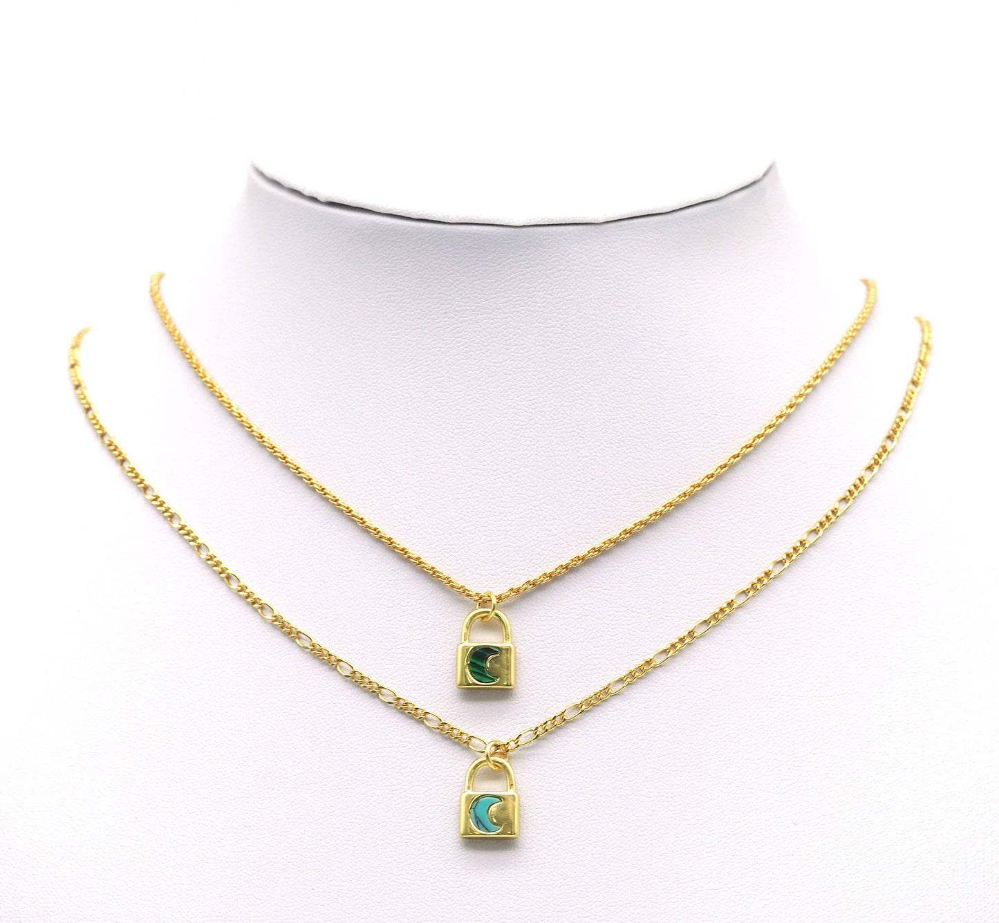 Gold Malachite Turquoise Abalone Cresent Moon Lock Charm, Sku#L681