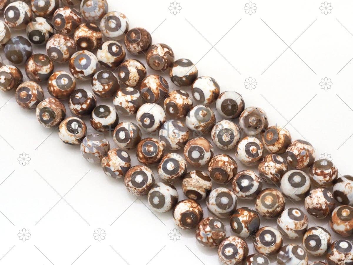 Brown Evil Eye Tibetan Agate 10mm Round Smooth Beads, Sku#U1192