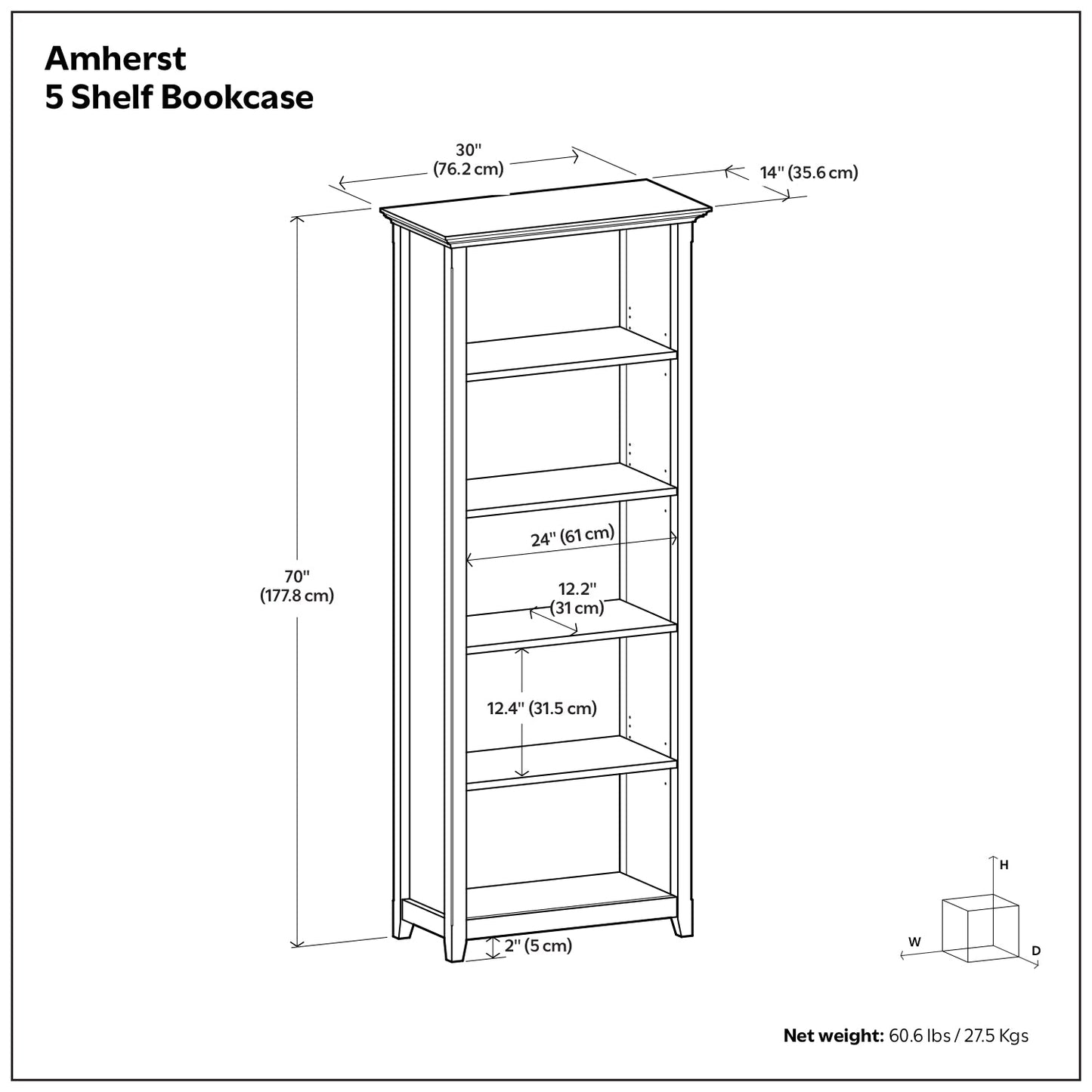 Amherst 30 Inch Solid Wood 5 Shelf Bookcase in Hickory