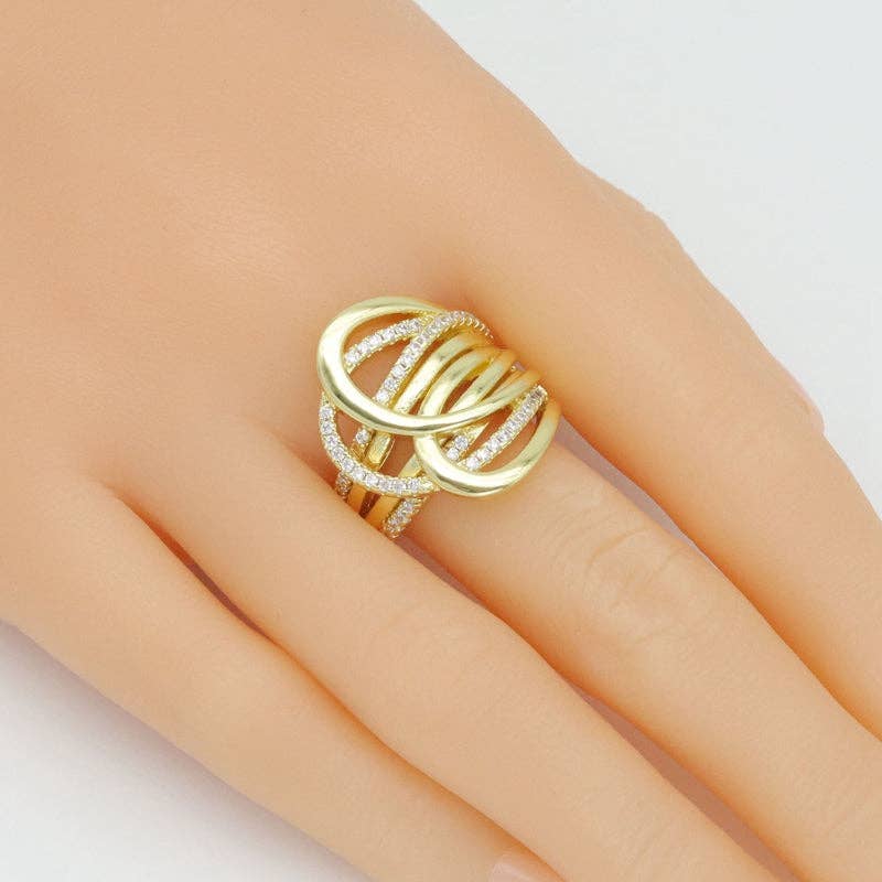 Multiline CZ Gold Arc-shaped Statement Adjustable Ring, Sku#LK1067