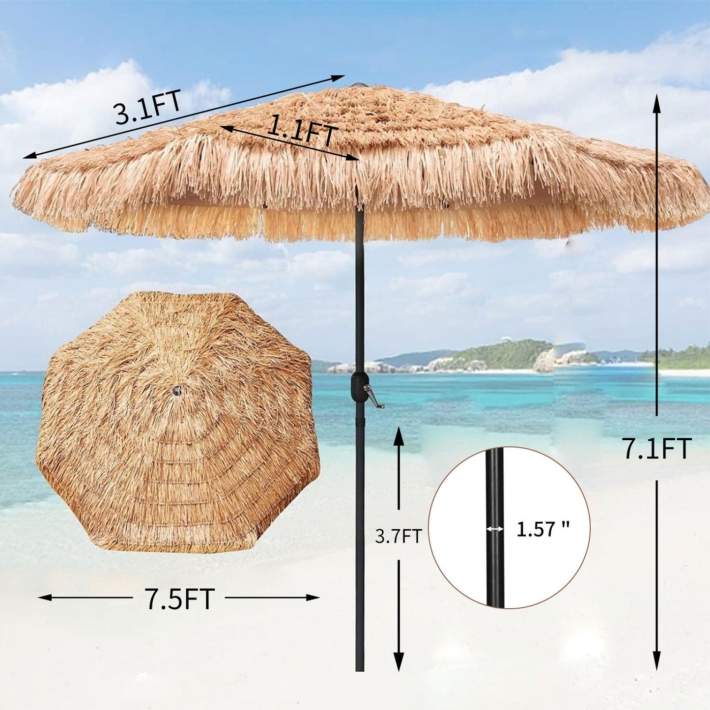 Ainfox 7.5ft Hula Thatched Tiki Umbrella Hawaiian Patio Beach Umbrella with Tilt (No Base)