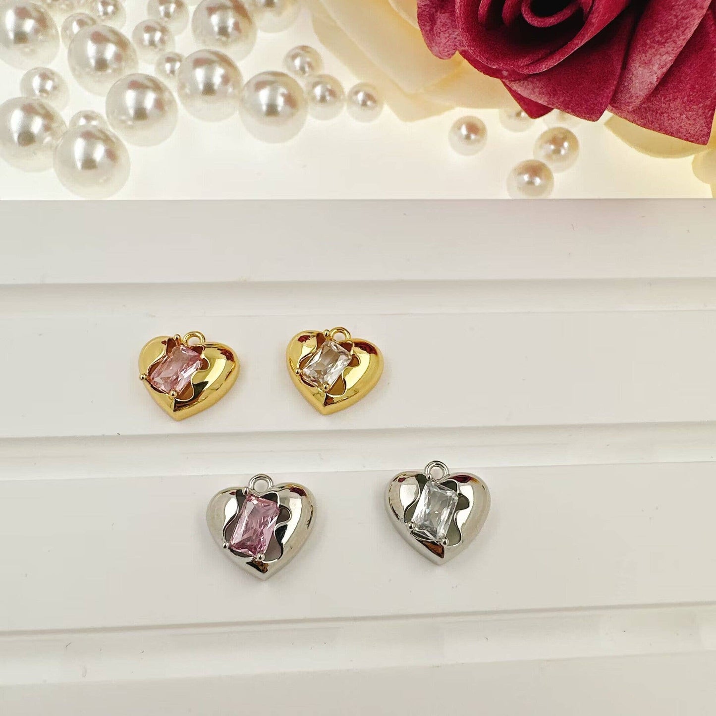 Gold Silver Rectangle Clear Pink CZ Heart Shape Charm, Sku#A165