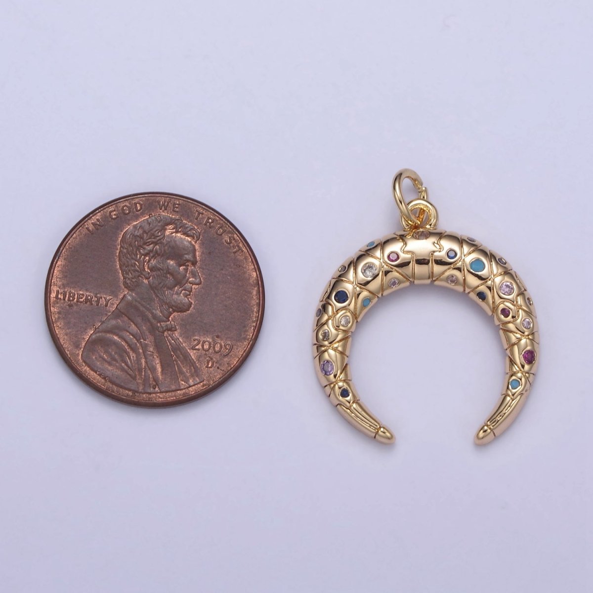 Crescent Moon Charm 16k Gold Filled Double Horn Pendant Necklace, Celestial Jewelry, Half Moon Tusk Upside Down Tusk With CZ Stone N-356