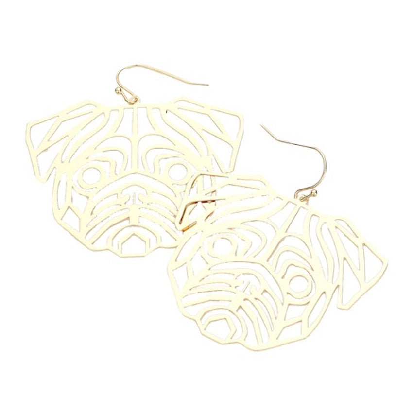 Cut Out Brass Metal Detail Bulldog Charm Accent Dog Earrings