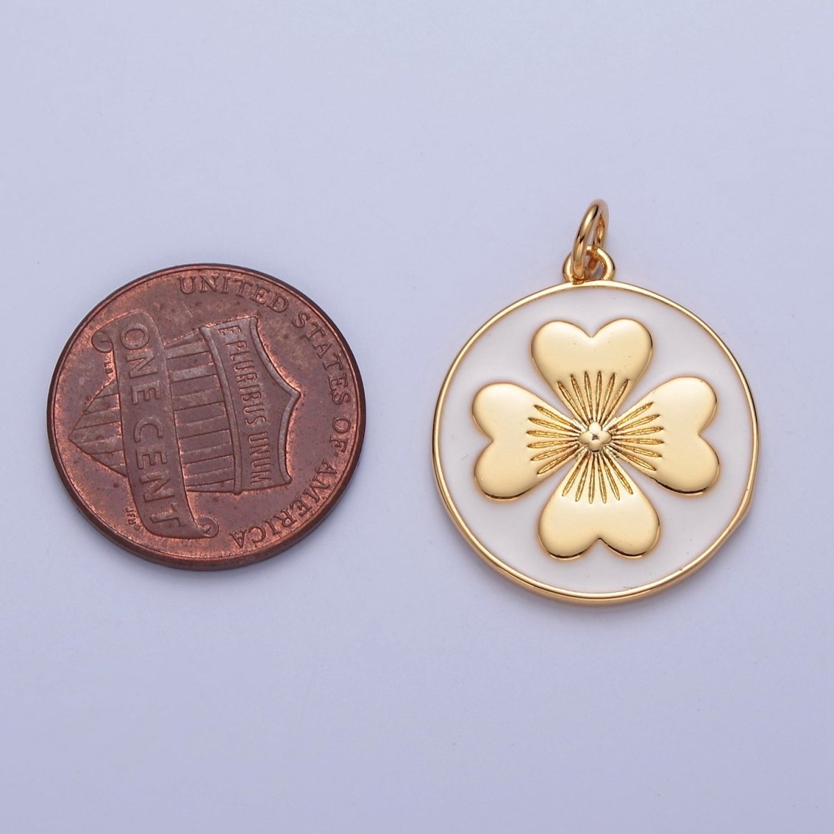 Cute Enamel Clover On Round Coin Shape Pendant, 24K Gold Filled Clover Charm, Necklace Bracelet Supply W-286