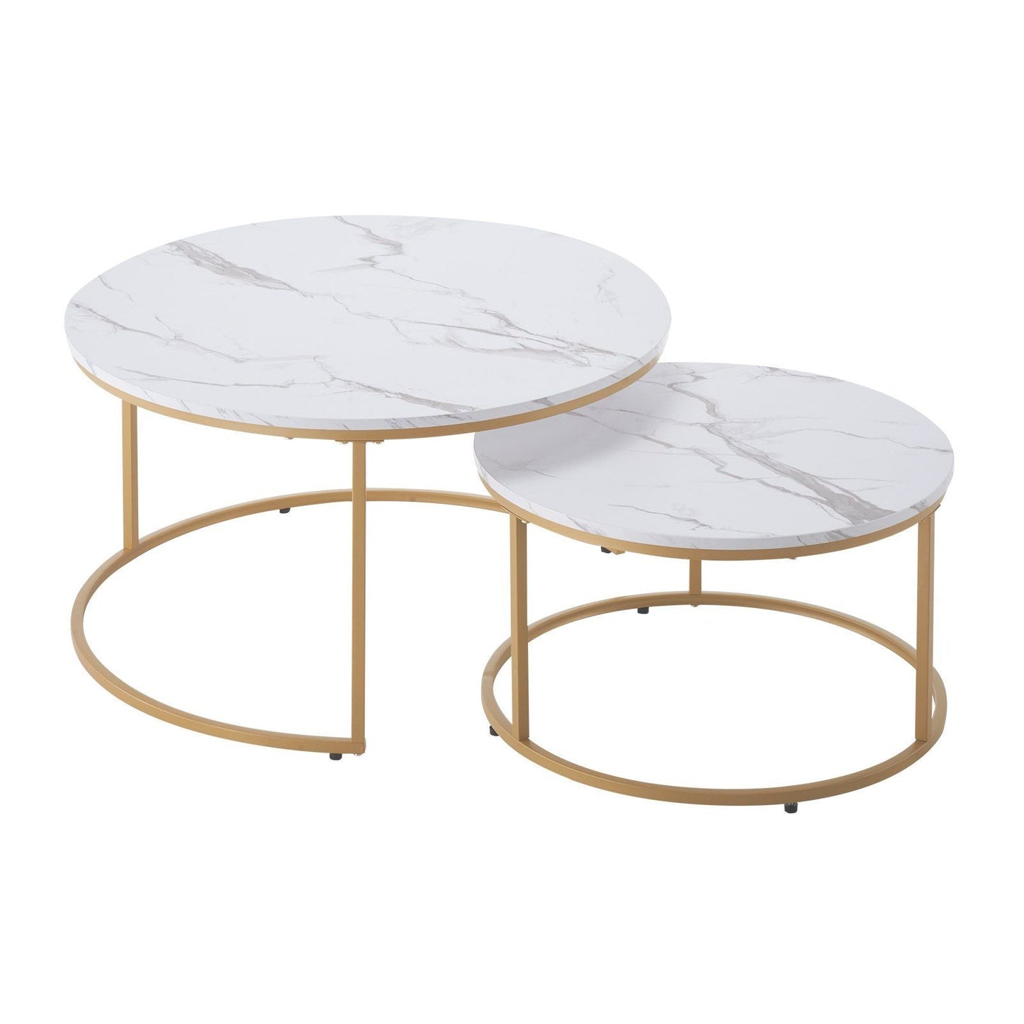 Nesting Coffee Table Set of 2, 31.5 in Round Coffee Table, Nesting Tables for Small Place, Vintage End Side Tables Night Stand with Metal Frame, for Living Room, Bedroom, Office (White & Gold)