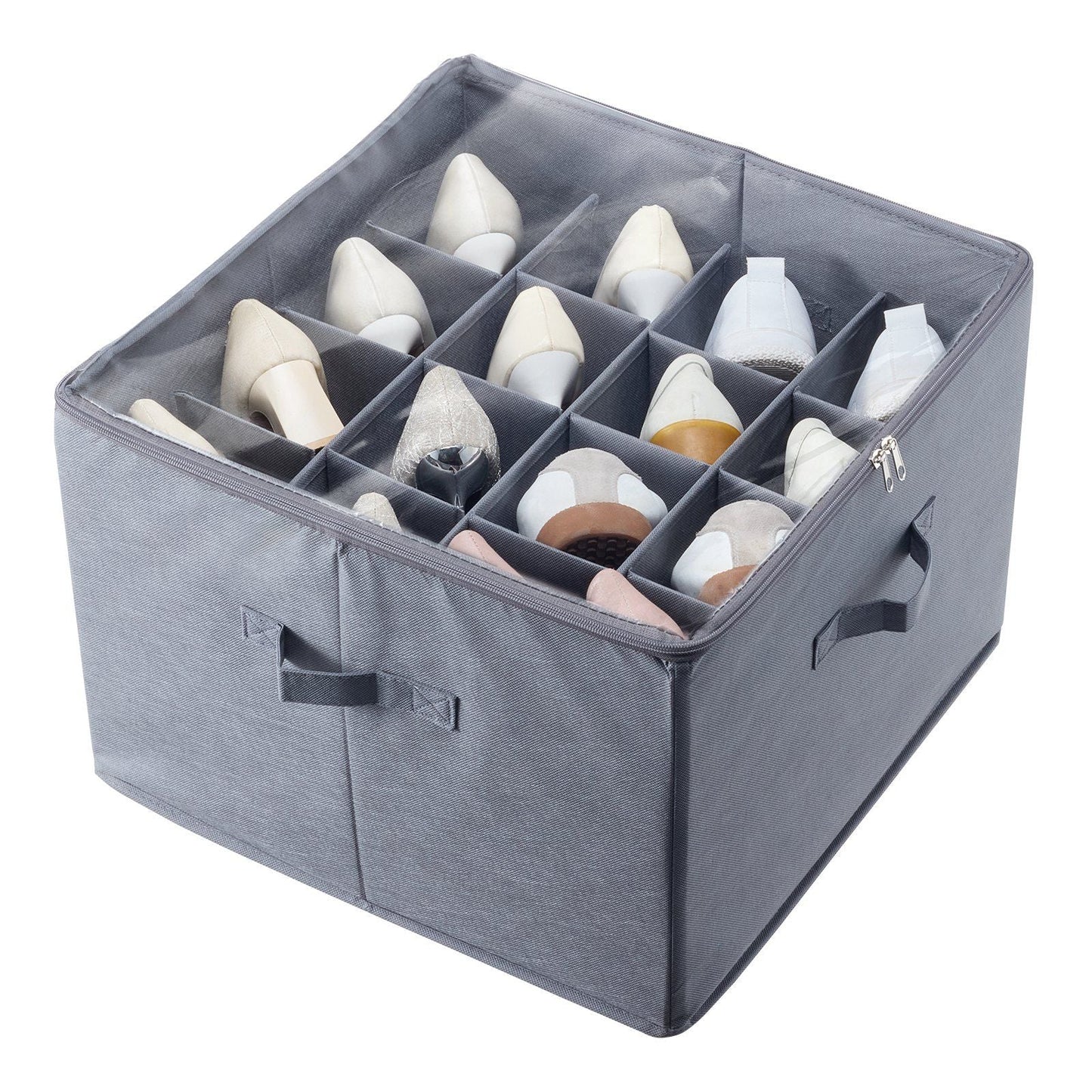 Sturdy Under Bed Shoe Storage Organizer, Adjustable Dividers Fit 16 Compartments, Shoe Storage Organizer for Closet Organization with Clear Cover, Shoe Rack & Basket, L17"x W17"x H12.4", Grey