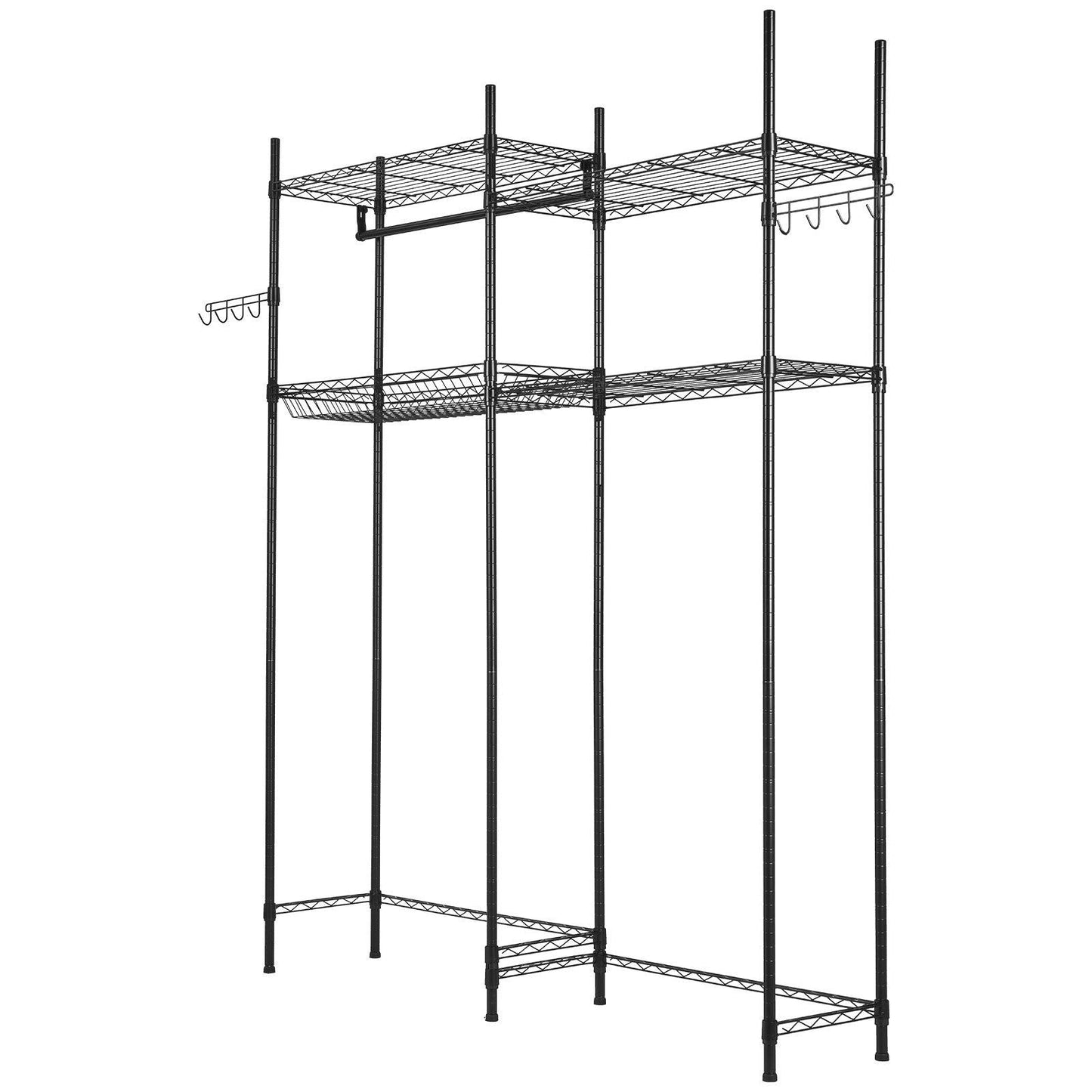 Over The Washer and Dryer Storage Shelf, 4 Tier Laundry Room Drying Rack with Hanger Rod and Hooks, Adjustable Over Washer and Dryer Shelves, Laundry Room Shelf Storage Space Saver, Black