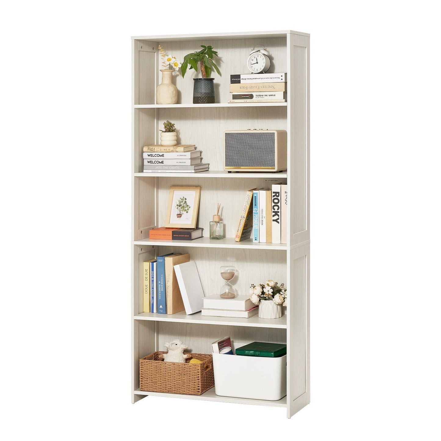 5 Tiers Wide Bookshelf 68" Wooden Freestanding Open Bookcase Shelf White