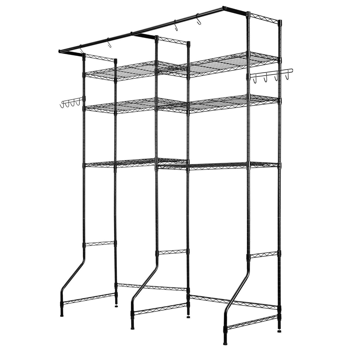 Over The Washer and Dryer Storage Shelf, 6 Tier Laundry Room Drying Rack with Hanger Rod and Hooks, Adjustable Over Washer and Dryer Shelves, Laundry Room Shelf Storage Space Saver, Black