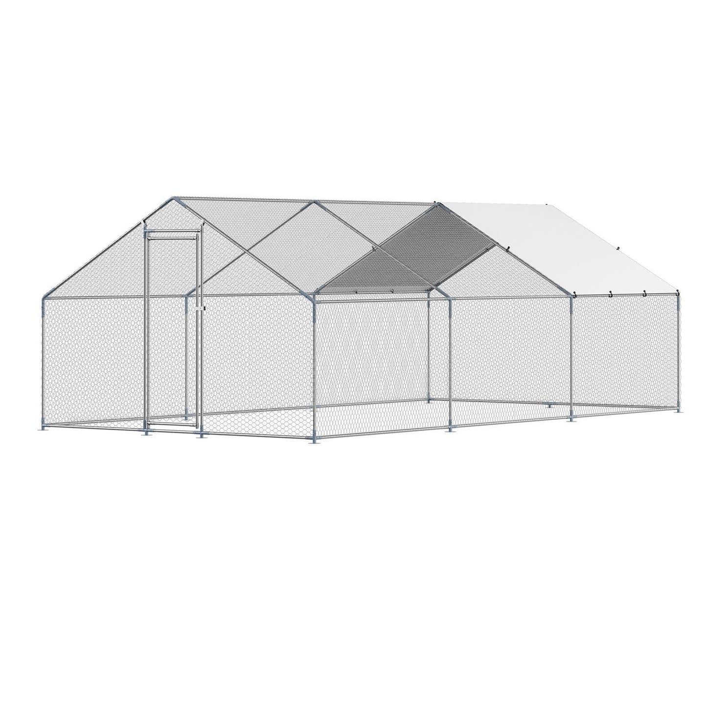 Metal Chicken Coop 9.8x19.6x6.5 ft Walk-in Chicken Run with Cover Spire Roof