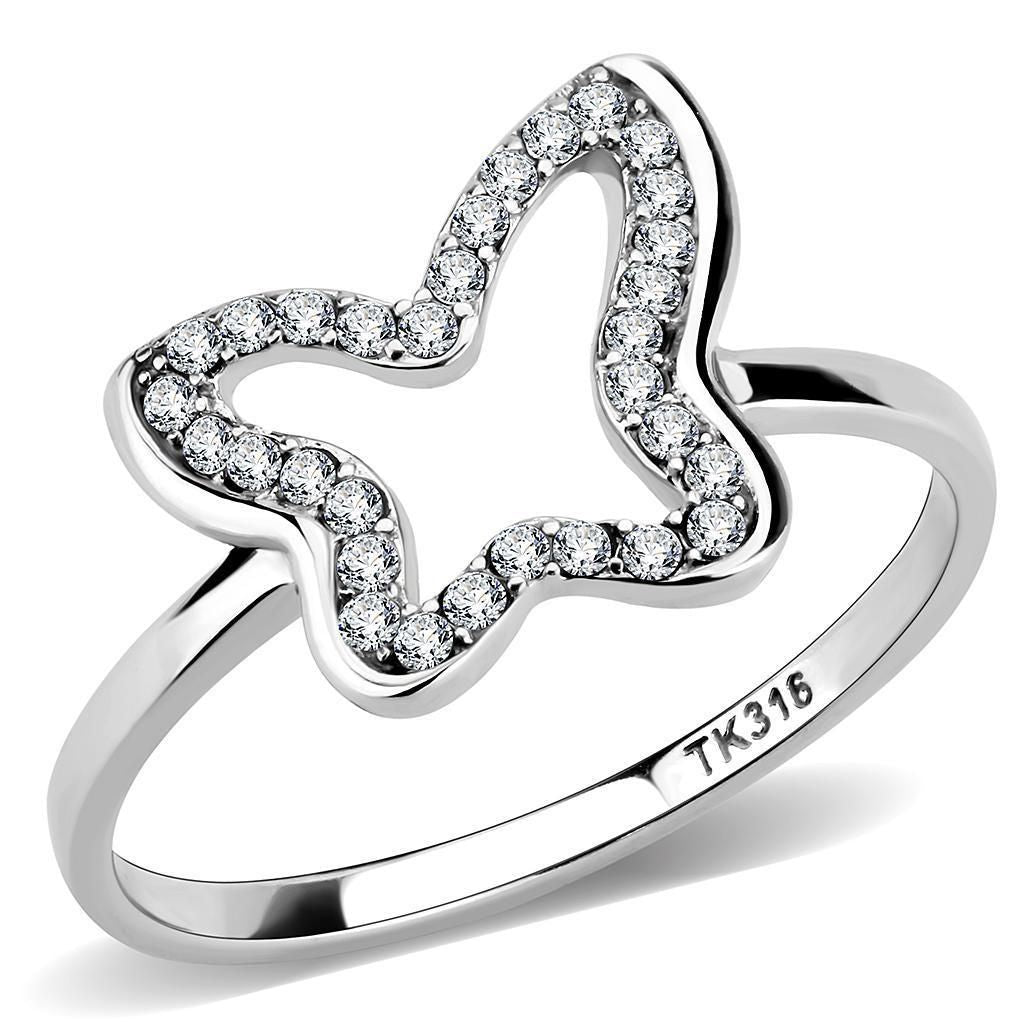 DA241 - High polished (no plating) Stainless Steel Ring with AAA Grade CZ in Clear