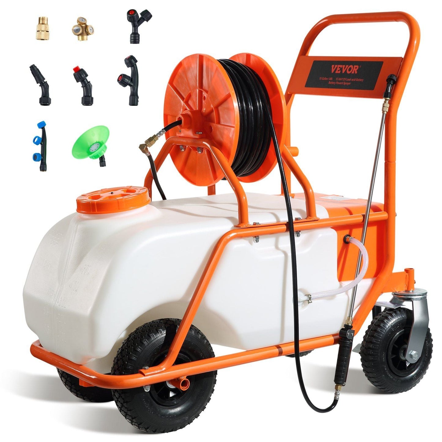 Battery Powered Lawn Sprayer on Wheel, 0-90 PSI Adjustable Pressure, 15 Gallon Tank, Cart Sprayer with 8 Nozzles and 2 Wands, 12V 12Ah Battery, Wide Mouth Lid for Weeding, Spraying
