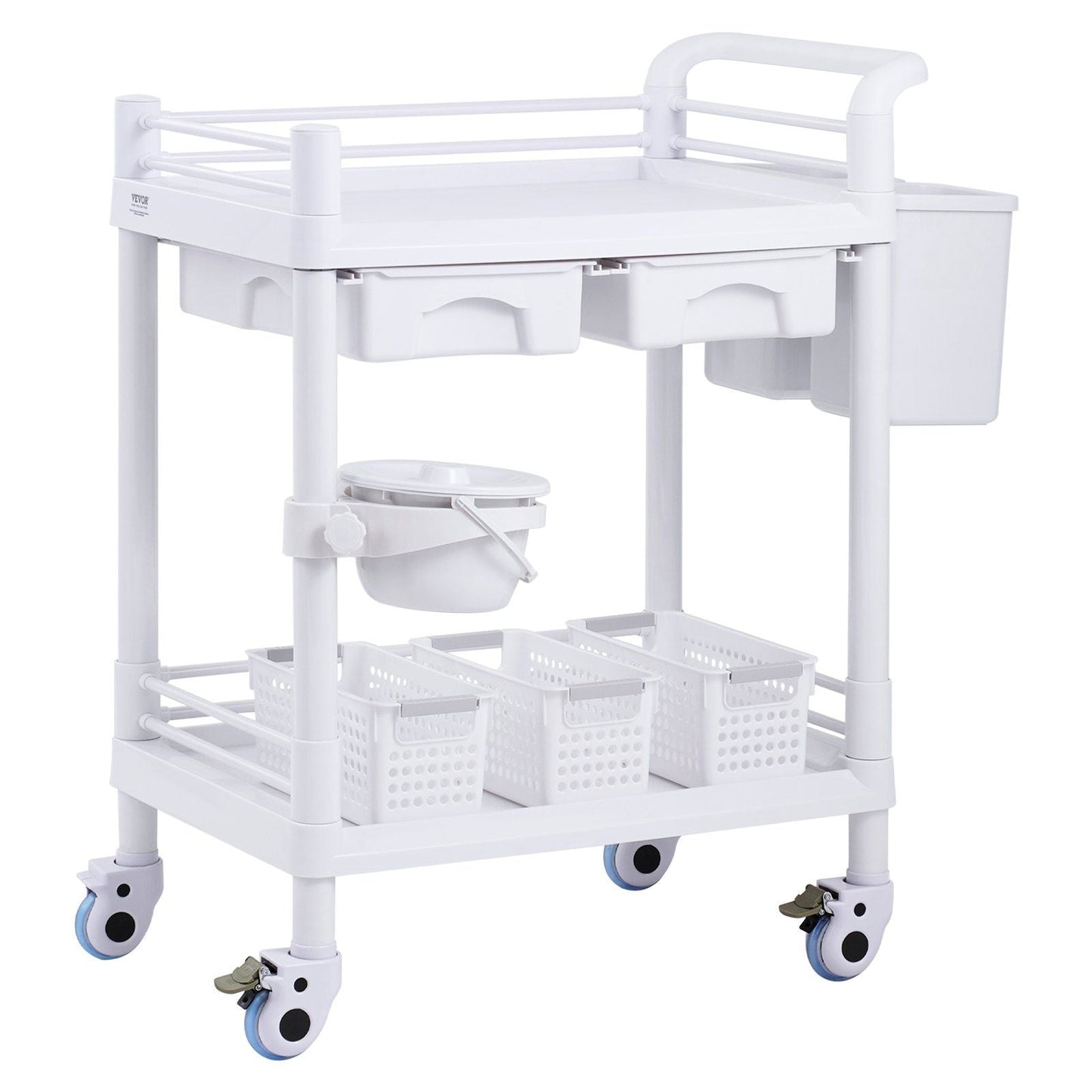 2 Tiers Lab Carts Mobile Medical Cart 2 Trays 2 Drawers 3 Trash Cans White, Trolley Storage Cart with PP Material, Lab Rolling Cart with 4 Silent Wheels for Lab, Clinic, Hospital, Salon, Office