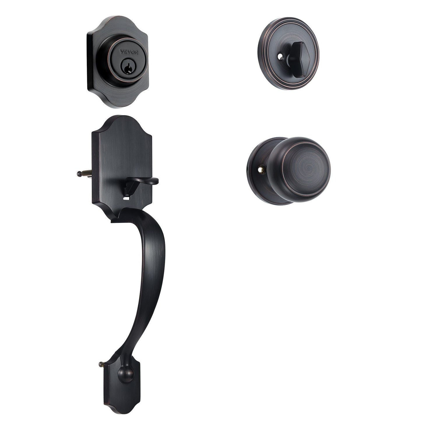 Front Door Handle and Deadbolt Set, Antique Copper Front Door Lock Set with Interior Knob, Adjustable Hole Spacing Single Cylinder Handleset, for Right and Left Handed Entrance and Front Door