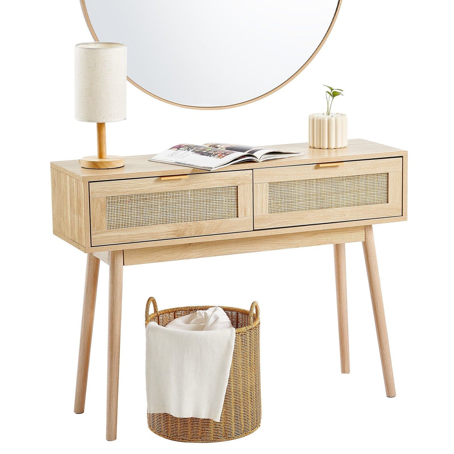 Rattan Console Table with 2 Storage Drawers Rattan Sliding Door Natural